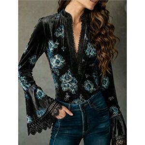 FuTario Women Teal Bell Sleeve Blouse Lace Hem Velvet Whimsigoth Witchy Dark M